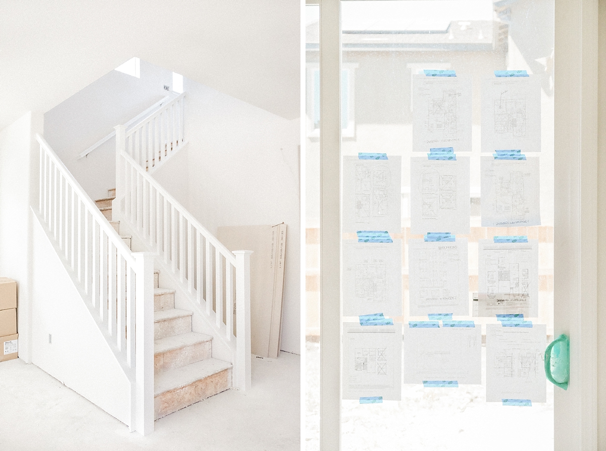 Stairs railing and floor plan of our house posted on kitchen sliding door