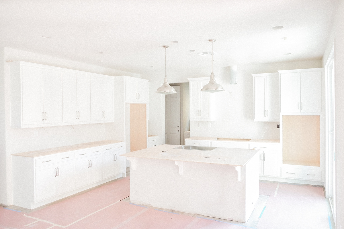 Kitchen with pendant light at the extended island