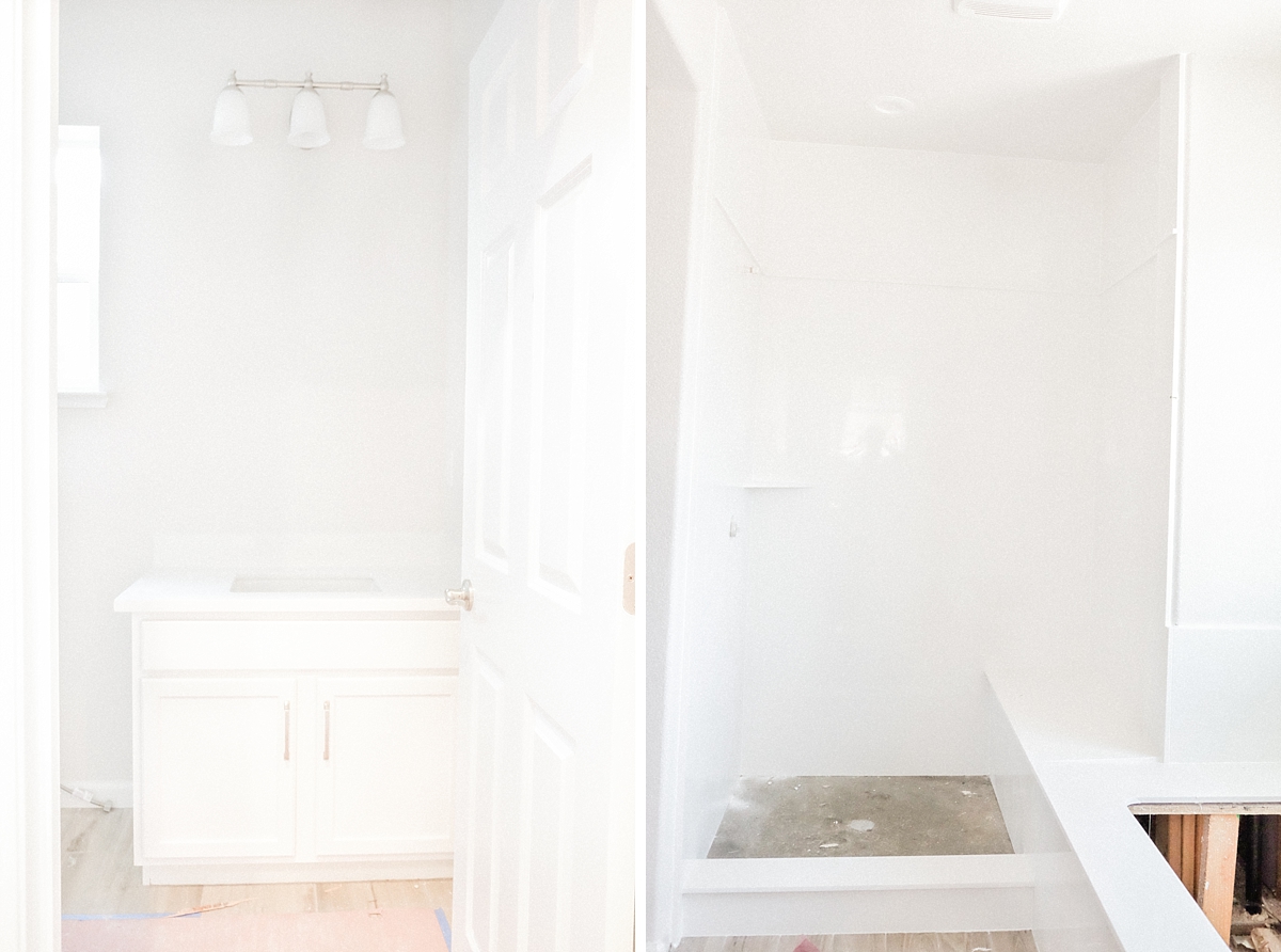 Piedrafina marble countertop in powder room and shower wall in master bathroom