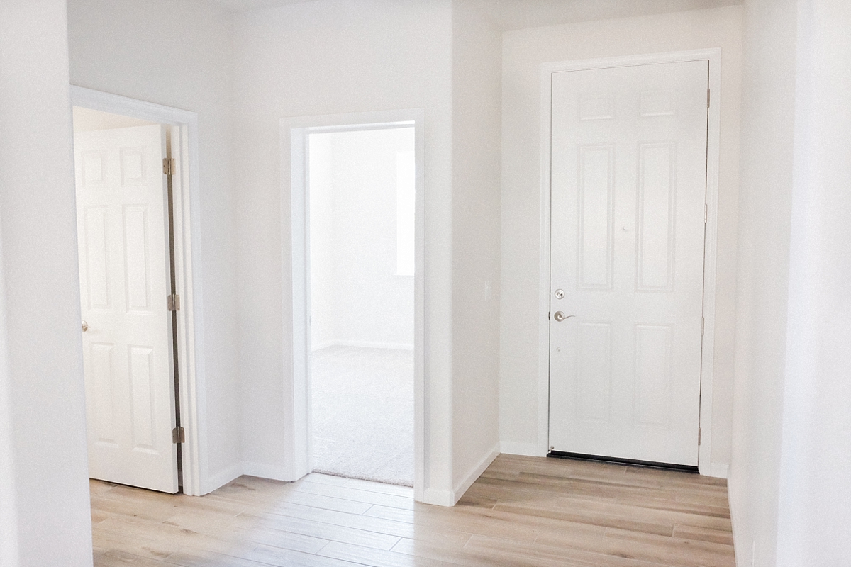 Front door, study and powder room