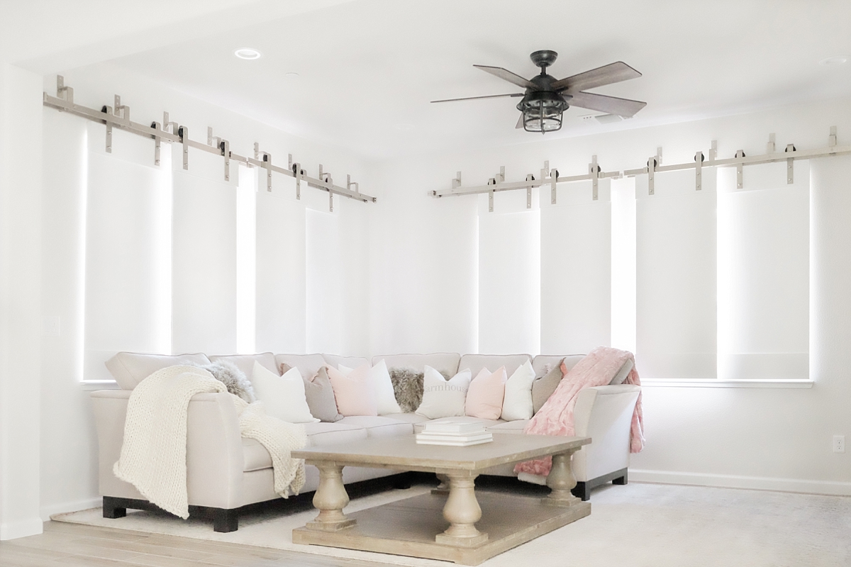 Living room with barn door shutters